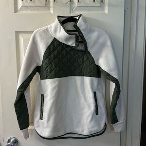 White and olive green fleece sweater with button up side collar